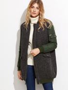 Romwe Color Block Mixed Media Zip Up Bomber Coat