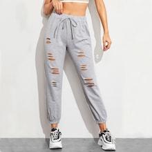 Romwe Drawstring Waist Ripped Sweatpants