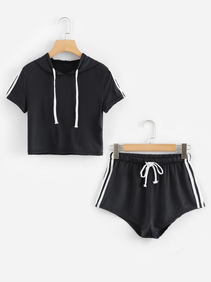 Romwe Striped Sleeve Hooded Tee With Shorts