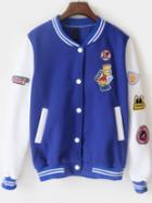 Romwe Cartoon Patch Buttons Blue And White Jacket