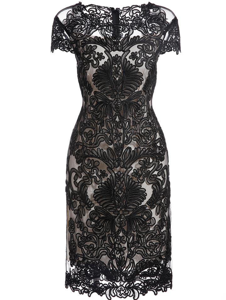 Romwe Black Round Neck Short Sleeve Bodycon Lace Dress