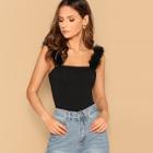 Romwe Faux Feather Strap Form Fitted Top