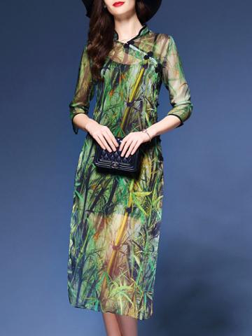 Romwe Multicolor Collar Bamboos Print Split Shift Dress