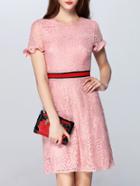 Romwe Pink Ruffle Sleeve Shift Lace Dress