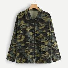 Romwe Plus Pocket Patched Camo Print Jacket