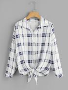 Romwe Single Breasted Knot Front Plaid Shirt