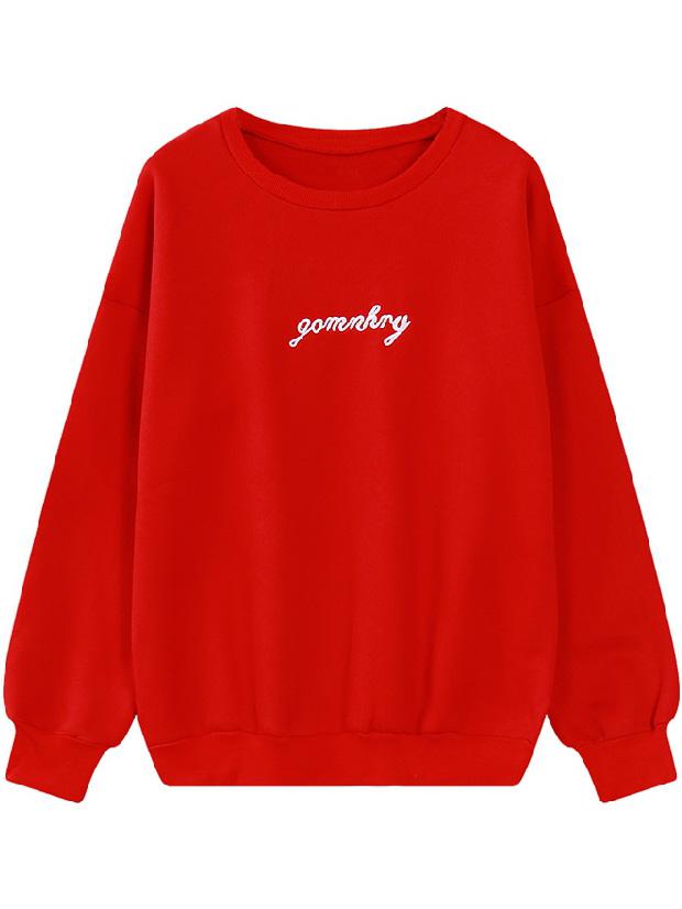 Romwe Letter Embroidered Red Sweatshirt