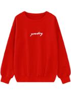 Romwe Letter Embroidered Red Sweatshirt
