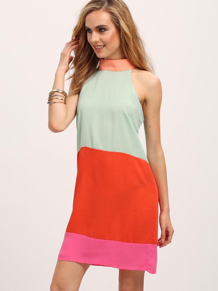 Romwe Green Color Block Mock Neck Sleeveless Dress