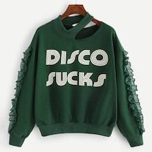 Romwe Cut Out Neck Frill Trim Letter Print Sweatshirt