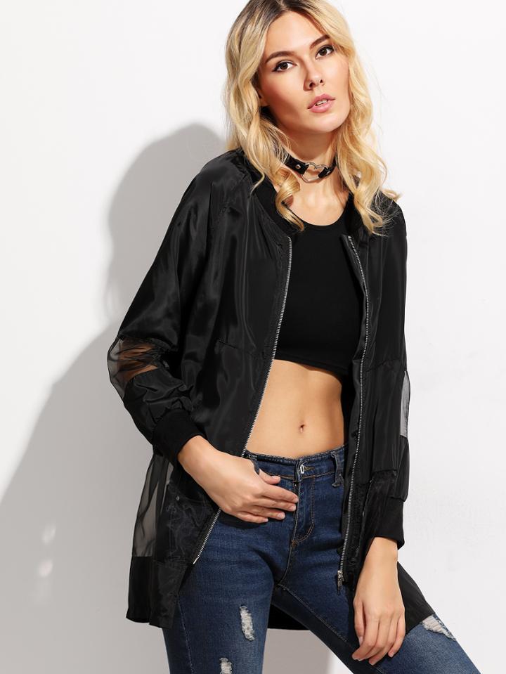 Romwe Black Raglan Sleeve Contrast Mesh Zipper Jacket