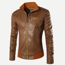 Romwe Men Stand Collar Solid Pu Jacket