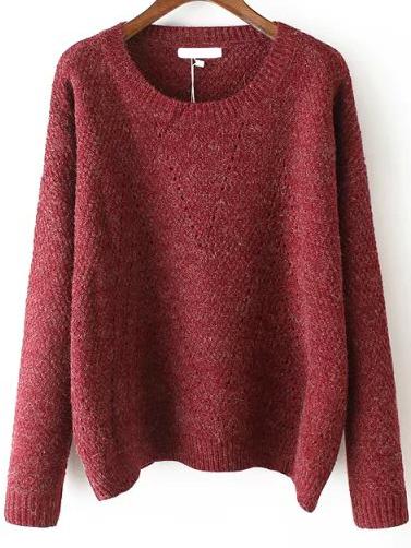 Romwe Women Long Sleeve Eyelet Red Sweater