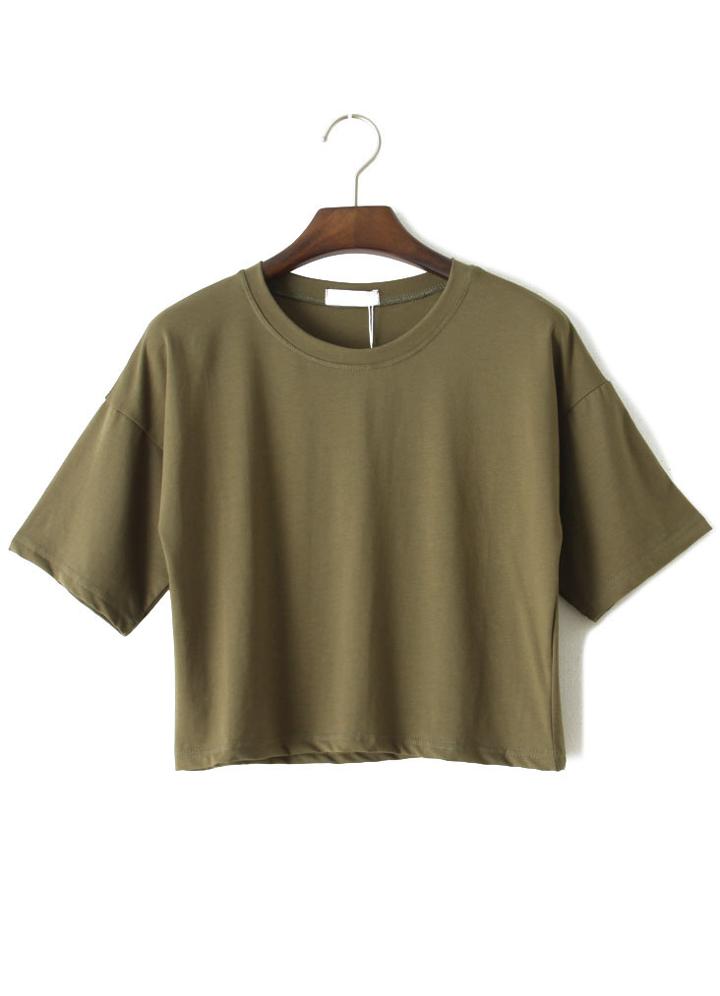 Romwe Round Neck Crop Army Green T-shirt