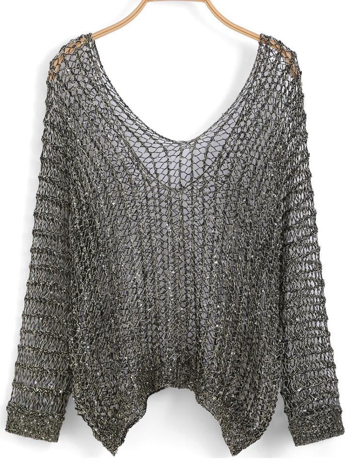 Romwe V Neck Hollow Sequined Top
