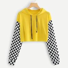 Romwe Checkerboard Sleeve Hooded Crop Tee