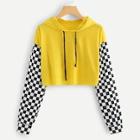Romwe Checkerboard Sleeve Hooded Crop Tee