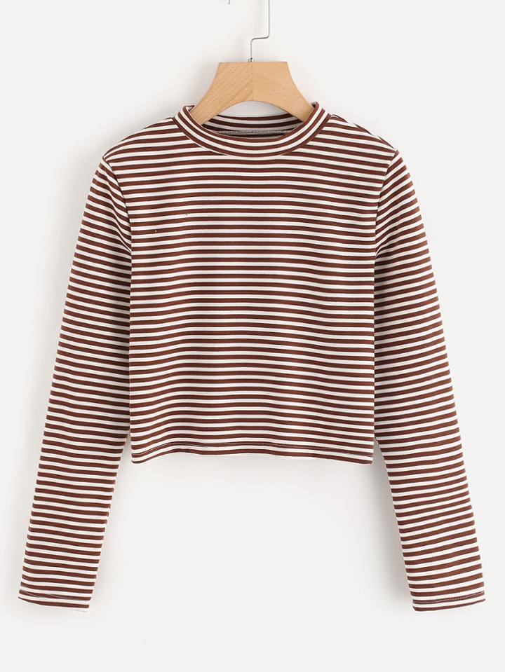 Romwe Stand Neck Striped Crop Tee