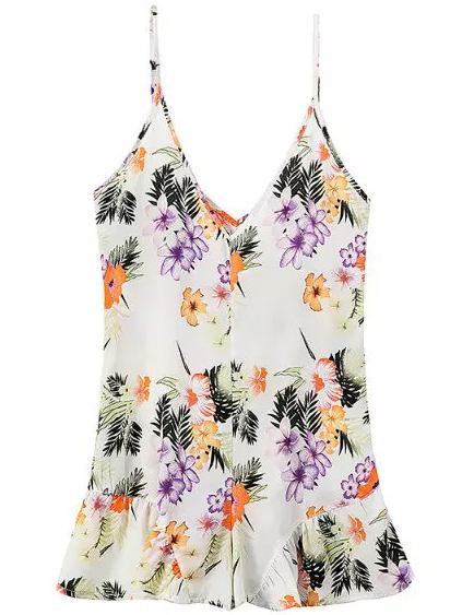 Romwe Spaghetti Strap Florals Ruffle Romper