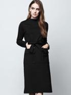 Romwe Black Round Neck Long Sleeve Tie-waist Pockets Dress