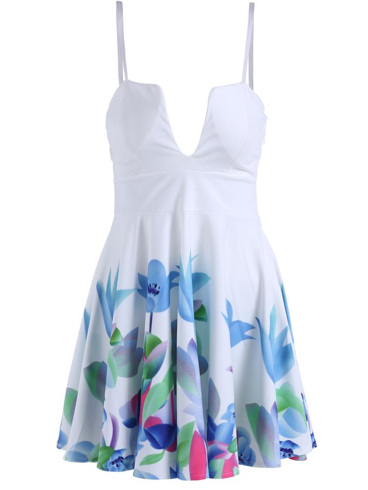 Romwe Spaghetti Strap Florals Pleated Dress