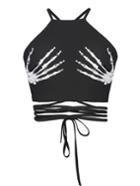 Romwe Halloween Skeleton Hand Tie Detail Top