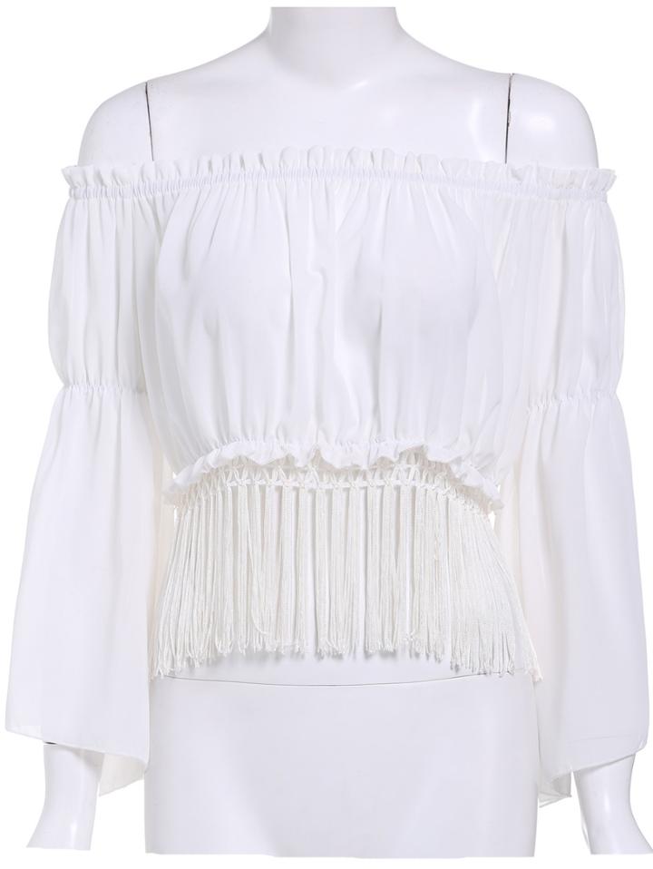 Romwe Off The Shoulder Tassel White Top