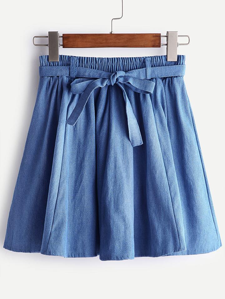 Romwe Dark Blue Bow Tie Pleated Denim Skirt