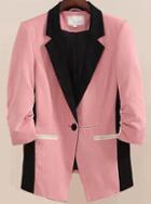 Romwe Notch Lapel Pockets Pink And Black Blazer