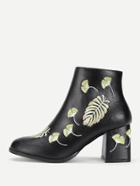 Romwe Pu Leaf Embroidery Ankle Boots