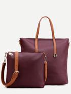 Romwe Burgundy Faux Leather Tote Bag Set With Convertible Strap