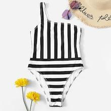 Romwe Striped One Shoulder One Piece Swimwear