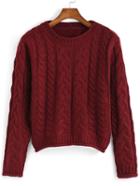 Romwe Cable Knit Crop Burgundy Sweater
