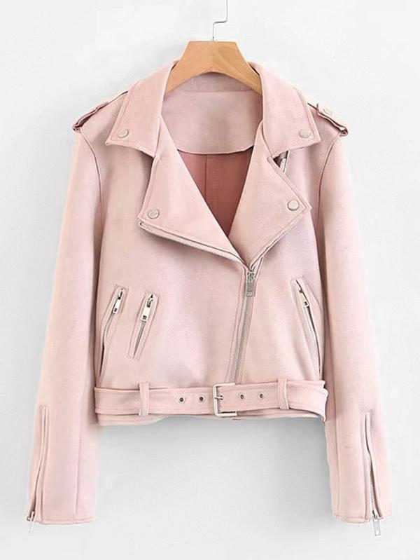 Romwe Zipper Detail Suede Jacket With Belt