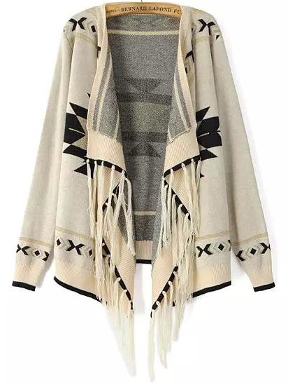 Romwe Geometric Print Tassel Asymmetrical Apricot Cardigan