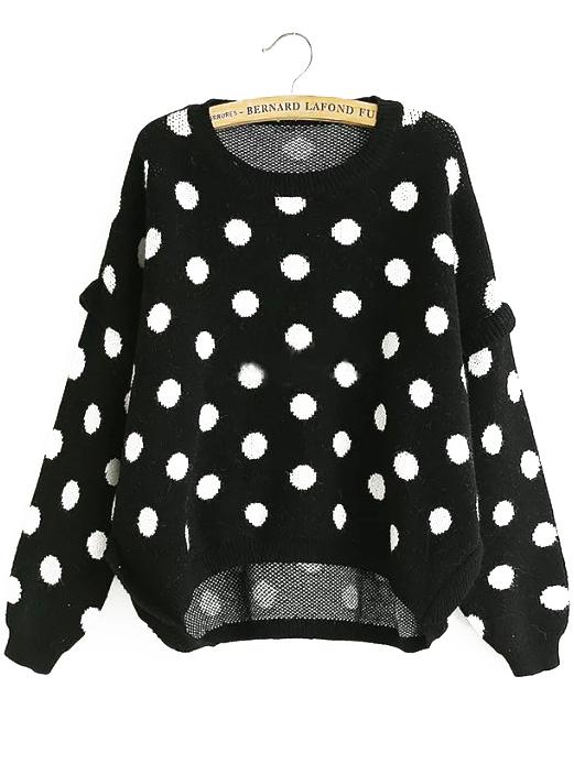 Romwe Dotted Dip Hem Black Sweater