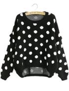 Romwe Dotted Dip Hem Black Sweater