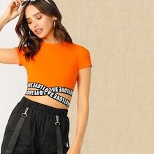 Romwe Neon Orange Crisscross Letter Tape Hem Top