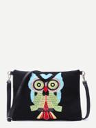 Romwe Night Owl Embellished Black Clutch Bag With Strap