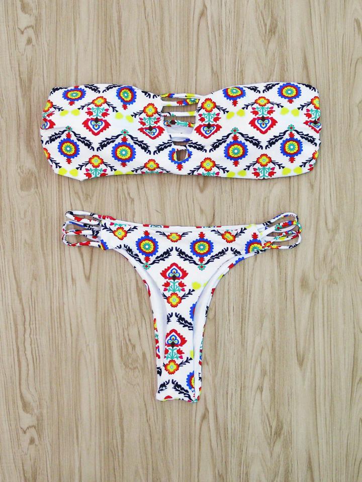 Romwe Calico Print Ladder Cutout Bandeau Bikini Set