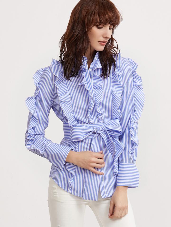 Romwe Blue And White Striped Belted Ruffle Blouse