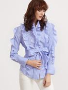 Romwe Blue And White Striped Belted Ruffle Blouse