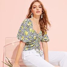 Romwe Drawstring Ruched Leopard & Floral Print Top