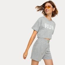 Romwe Letter Print Top With Patched Elastic Waist Shorts