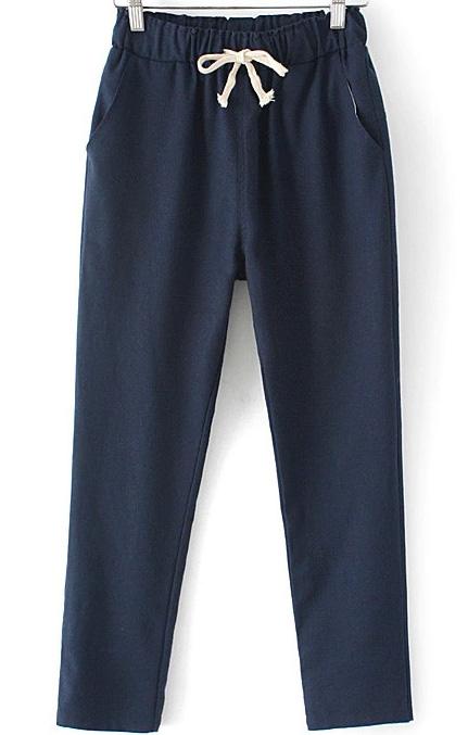 Romwe Drawstring With Pockets Navy Pant