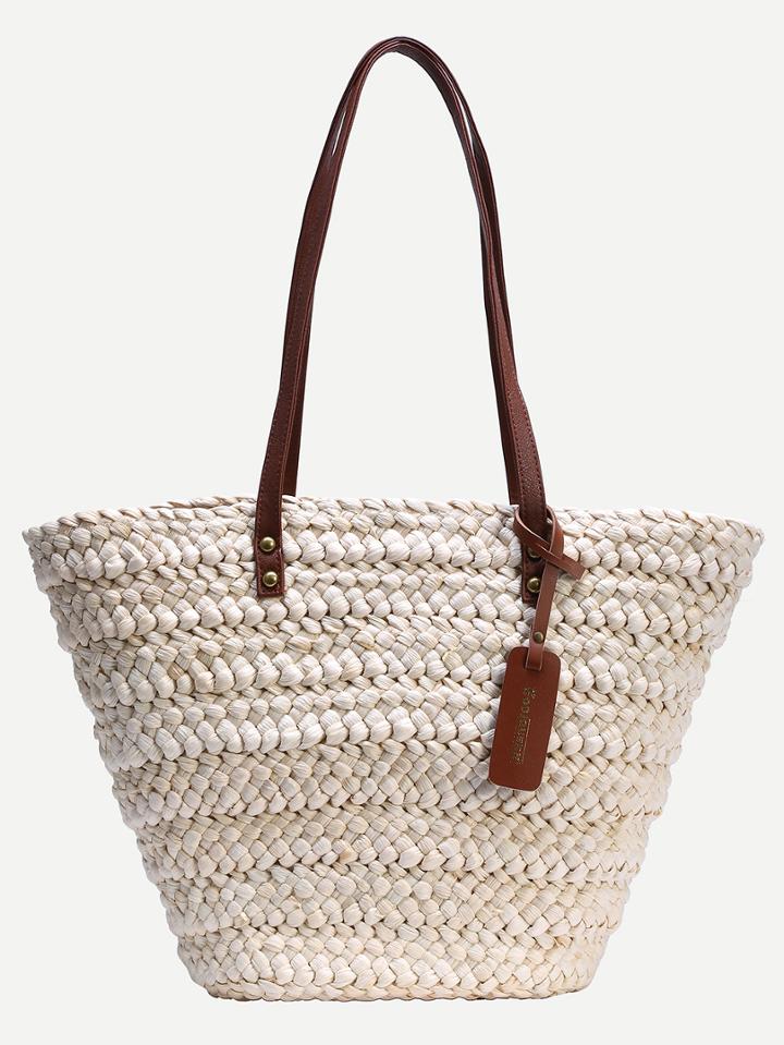 Romwe Contrast Handle Straw Tote Bag - White