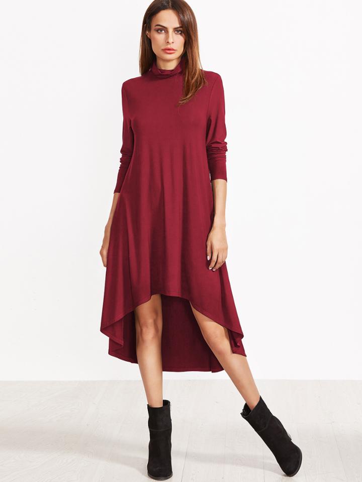 Romwe Burgundy Cowl Neck High Low Swing Dress