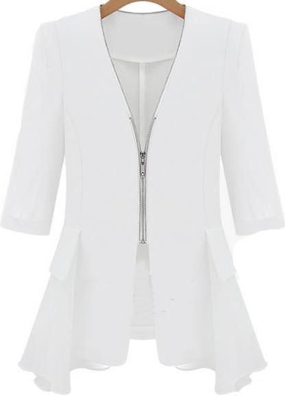 Romwe Zipper Fitted Contrast Chiffon White Blazer