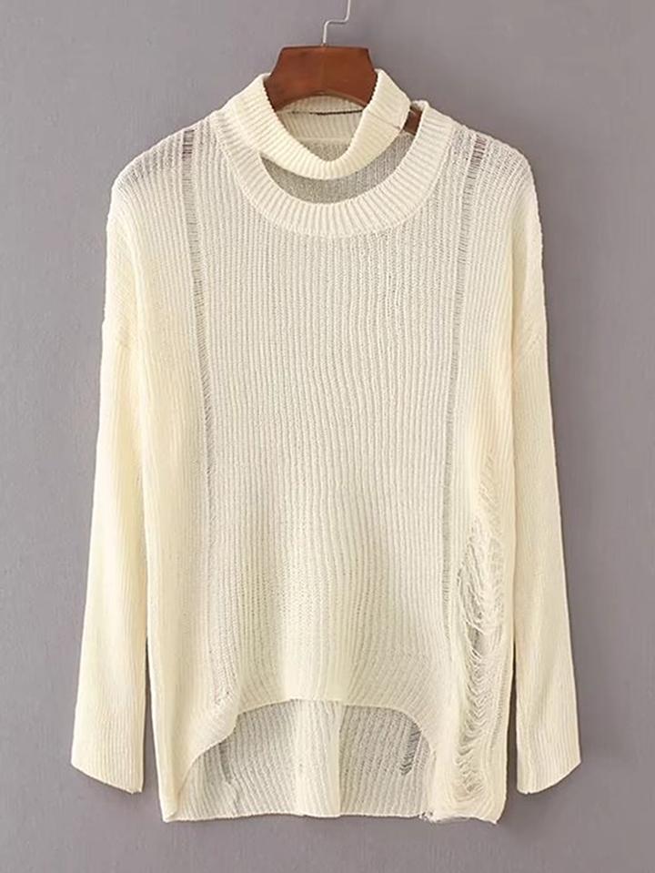 Romwe Choker Neck Ripped Detail High Low Knitwear