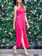 Romwe Hot Pink One Shoulder High Slit Chiffon Dress
